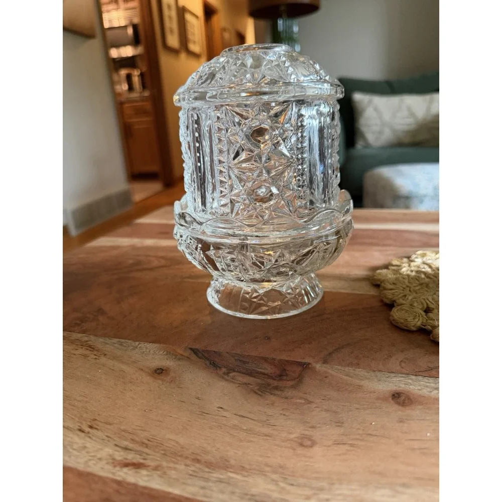 Vintage Indiana Glass Stars & Bars Clear Fairy Lamp Candle Holder MCM 6.5